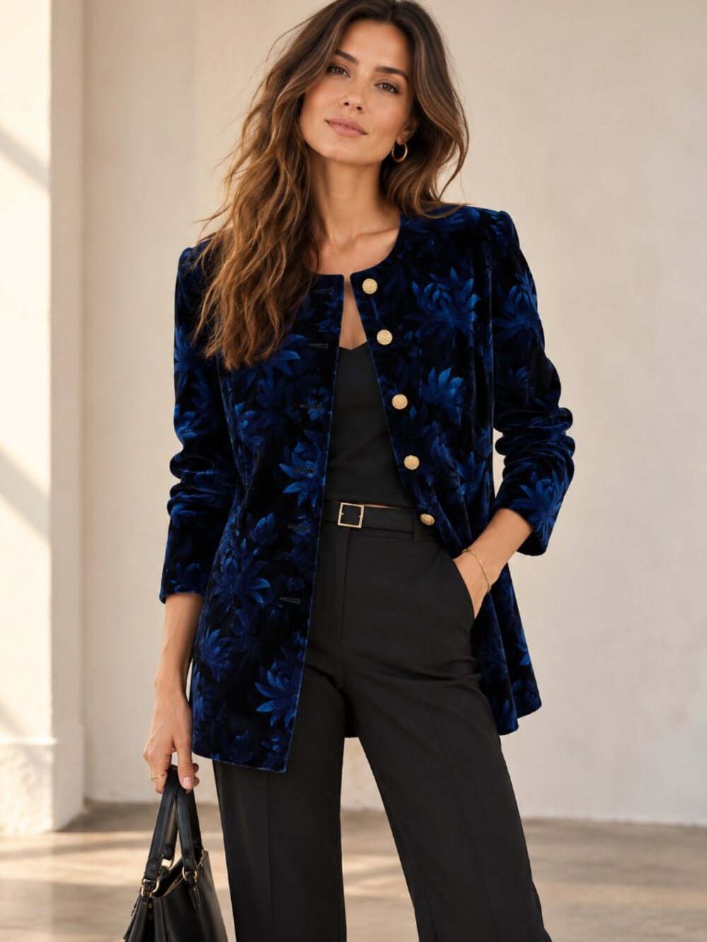 VINTAGE 80s Blue Black Floral Velour Longline Blazer Gold Button Jacket Womens S